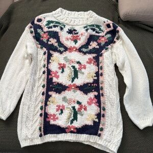 Elegant Floral Knit Sweater - Cream and Pink